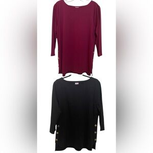 2 Piece Bundle Chico’s Burgundy & Black Ponte Tunics Gold Buttons SZ M/8 Casual